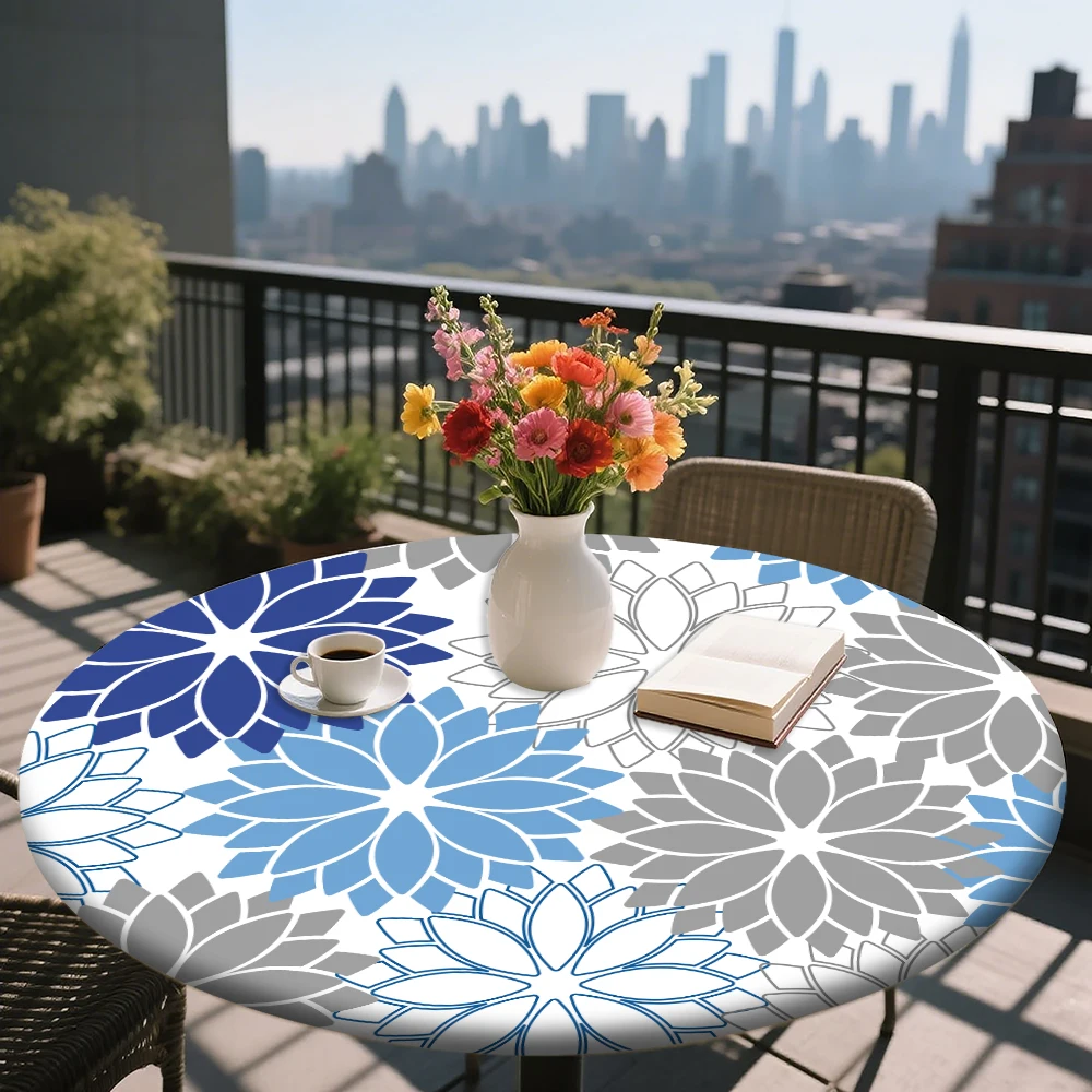 

The round elastic tablecloth features a blue and gray floral pattern. Made of polyester, it's for indoor dining room decoration.