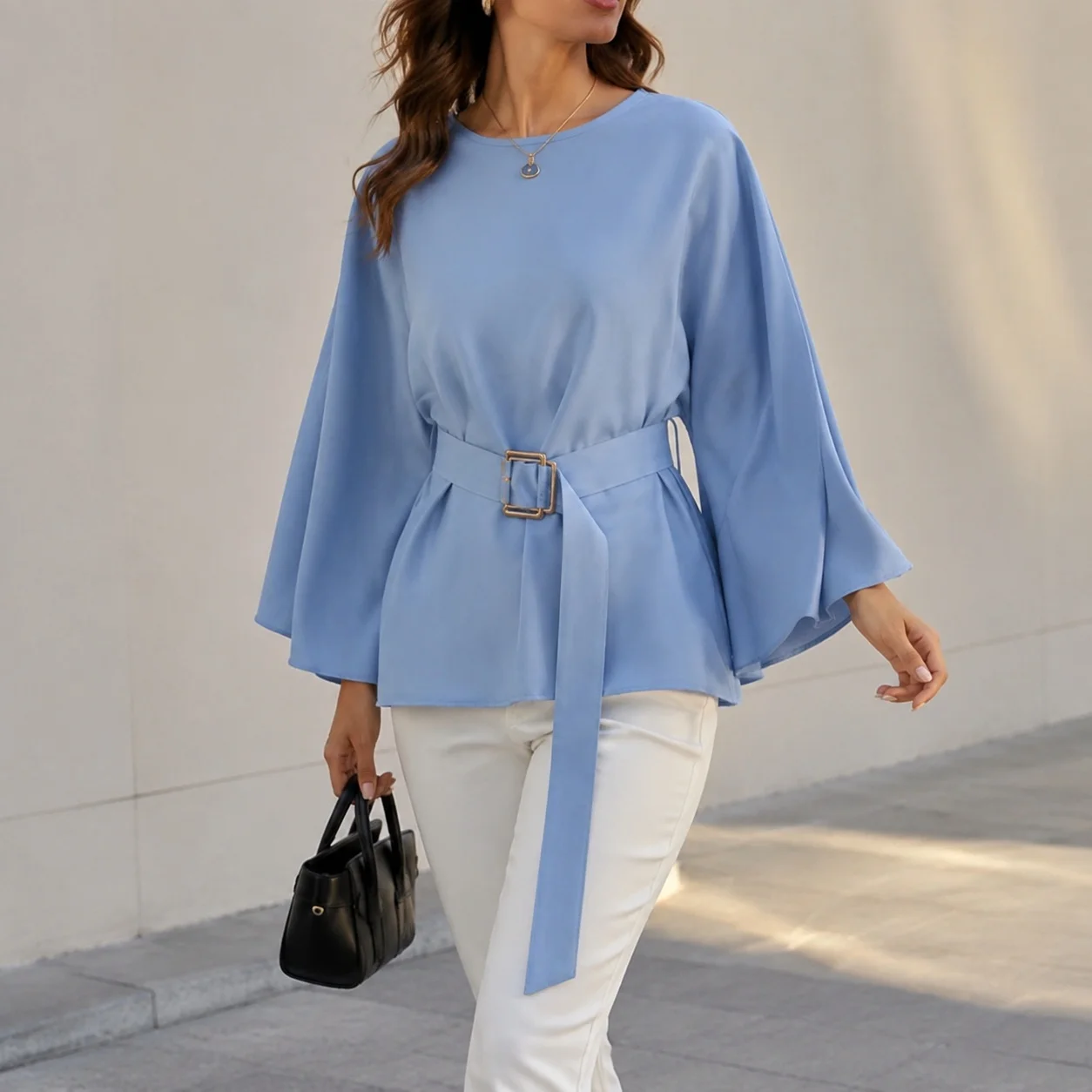 Half Sleeve Slim Fit Shirt Regular Length Commuter Chic with Round Neck Slight Stretch Mid Sleeve Summer Pullover Women Shirts