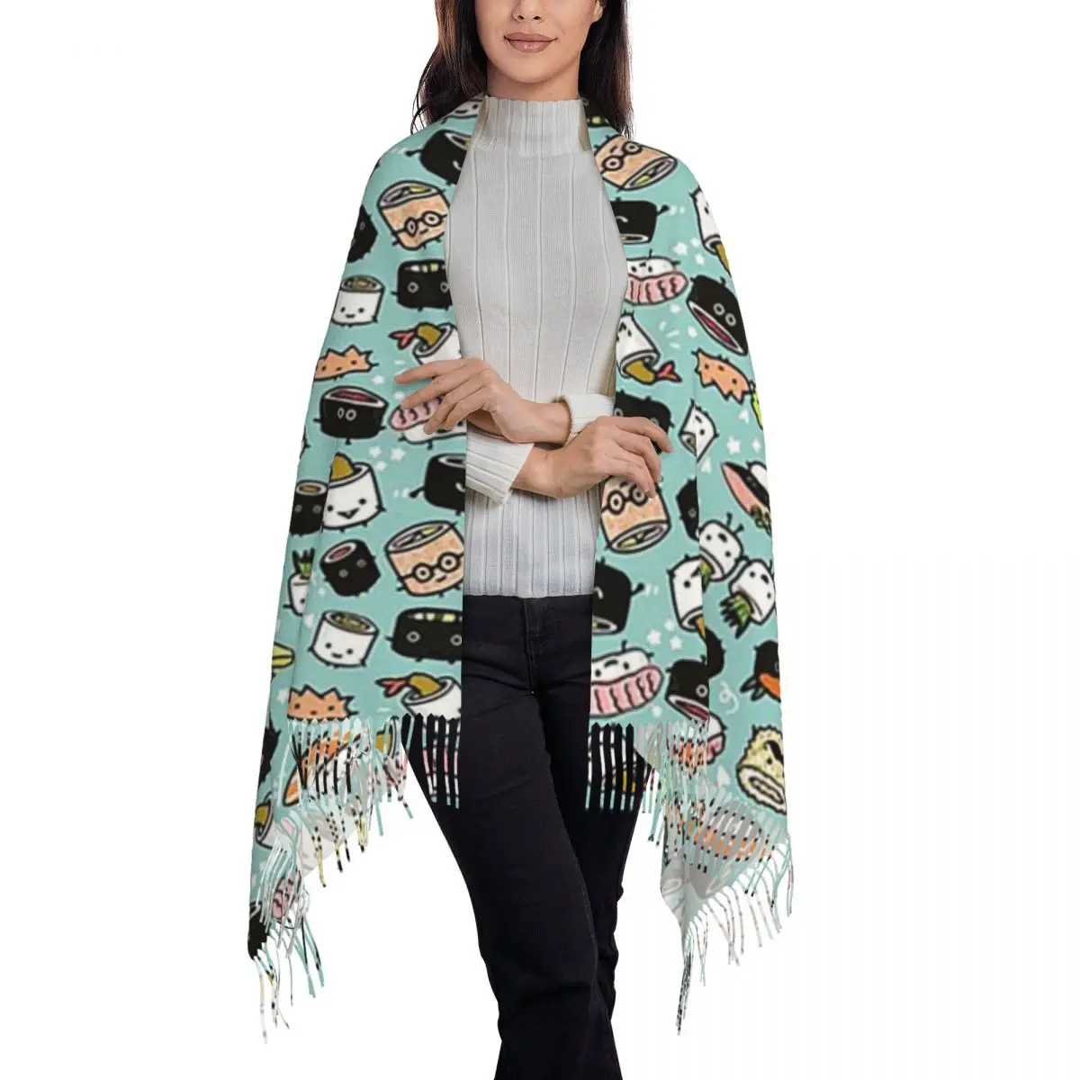 Cute Sushi Pattern Kawaii Sushi Characters Scarf Tassel Scarves Women Soft Warm Shawls and Wraps Long Fall Winter Shawl Wrap