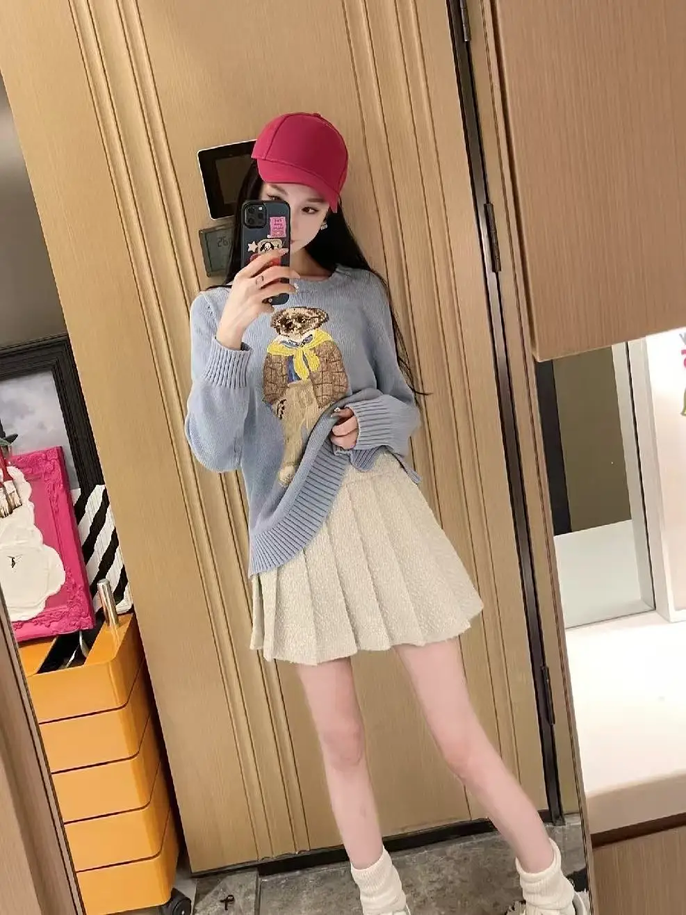 Novo outono e inverno clássico bordado céu azul simples cachecol amarelo, ursinho de pelúcia de malha rl pulôver versátil de alta qualidade feminino