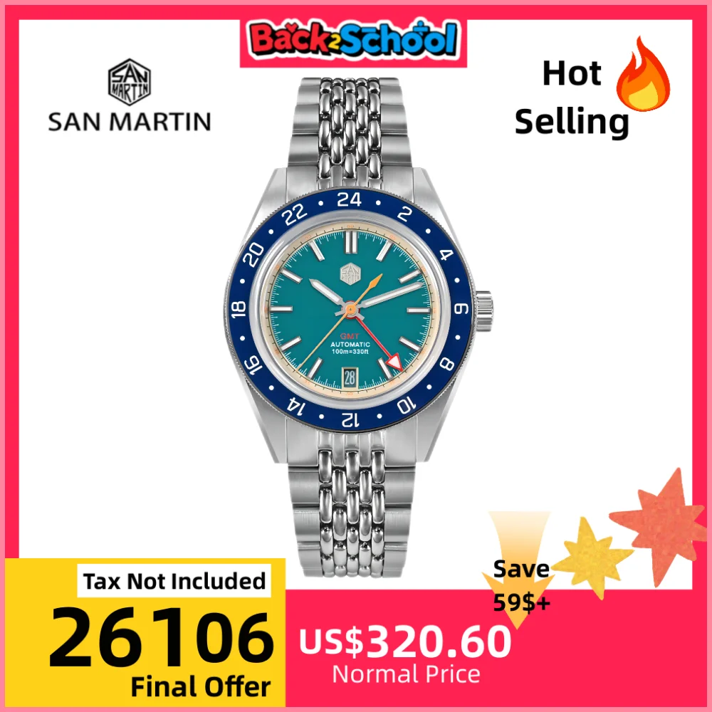 

San Martin оригинальные 39,5 мм NH34 GMT мужские механические наручные часы Fly с регулируемой застежкой спортивные часы водонепроницаемые 10 бар Relojes SN0116