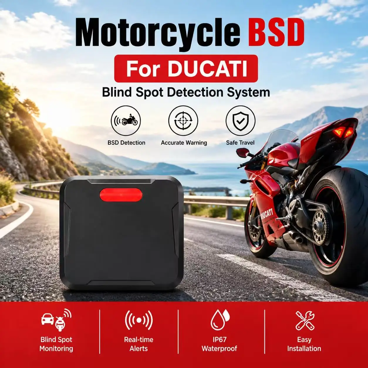 77GHz 4T4R Motorcycle BSD Blind Spot Radar 0-70m Detection 120° Wide Angle IP67 For Ducati Panigale V4 Streetfighter V4