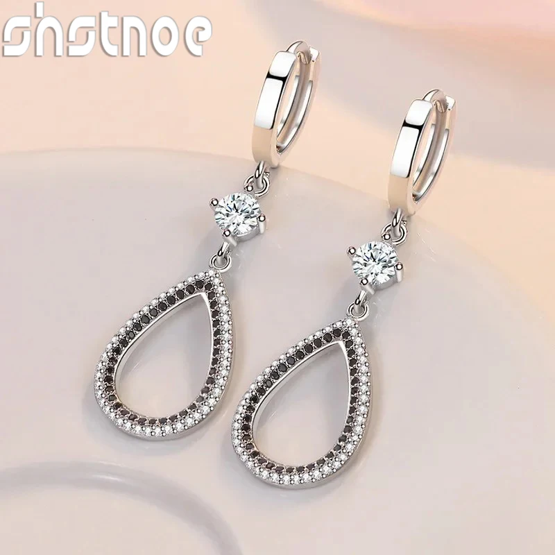 

SHSTONE Personality Zircon Black White Water Droplets Hoop Earrings For Women Trendy 925 Sterling Silver Earring Party Jewelry