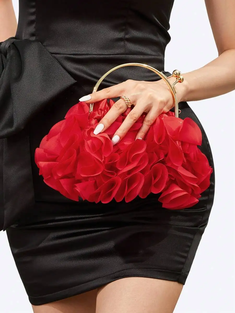 

Red Floral Ruffle Clutch Bag With Gold Tone Handle For Party Wedding Evening