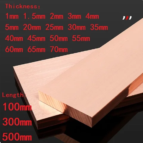 1PC 두께 40 45 50 55 60 65 70mm T2 구리 플레이트 바 플랫 구리 시트 길이 100 300 500mm
