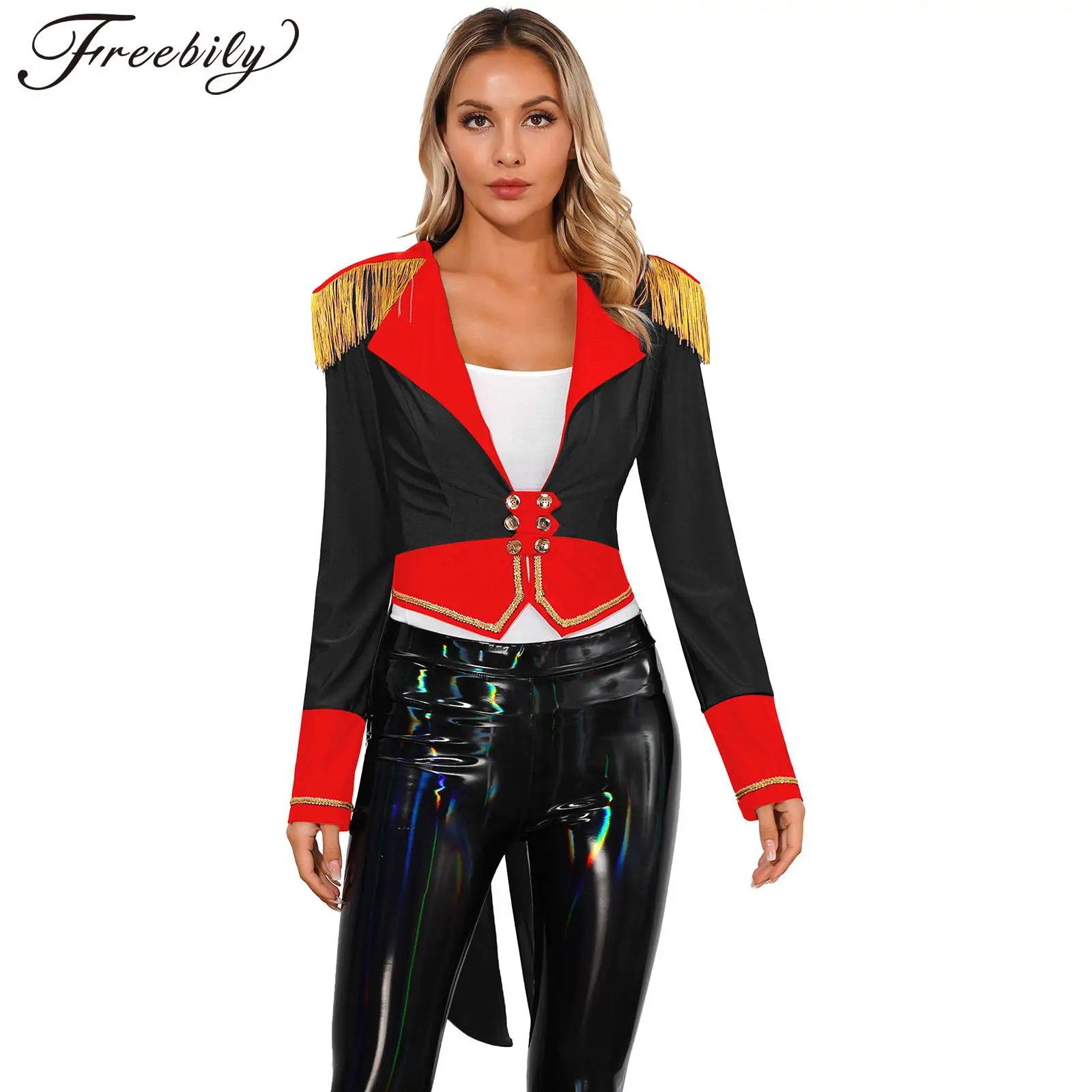 Womens Circus Ringmaster Showman Costume Long Sleeve Tailcoat Outerwear Halloween Masquerade Party Lion Tamer Cosplay Outfit