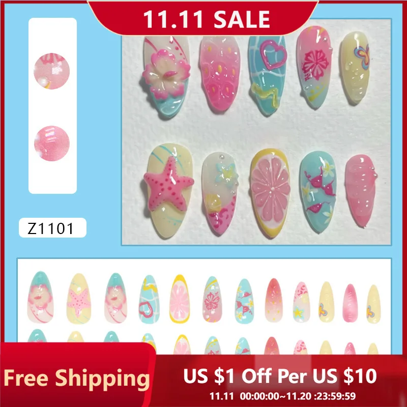 

24pcs Press on Nails 3D Fruit Party Graffiti Heart Checkered Flower Pattern Fake Nail for Women&Girl Removable Wearable Nail