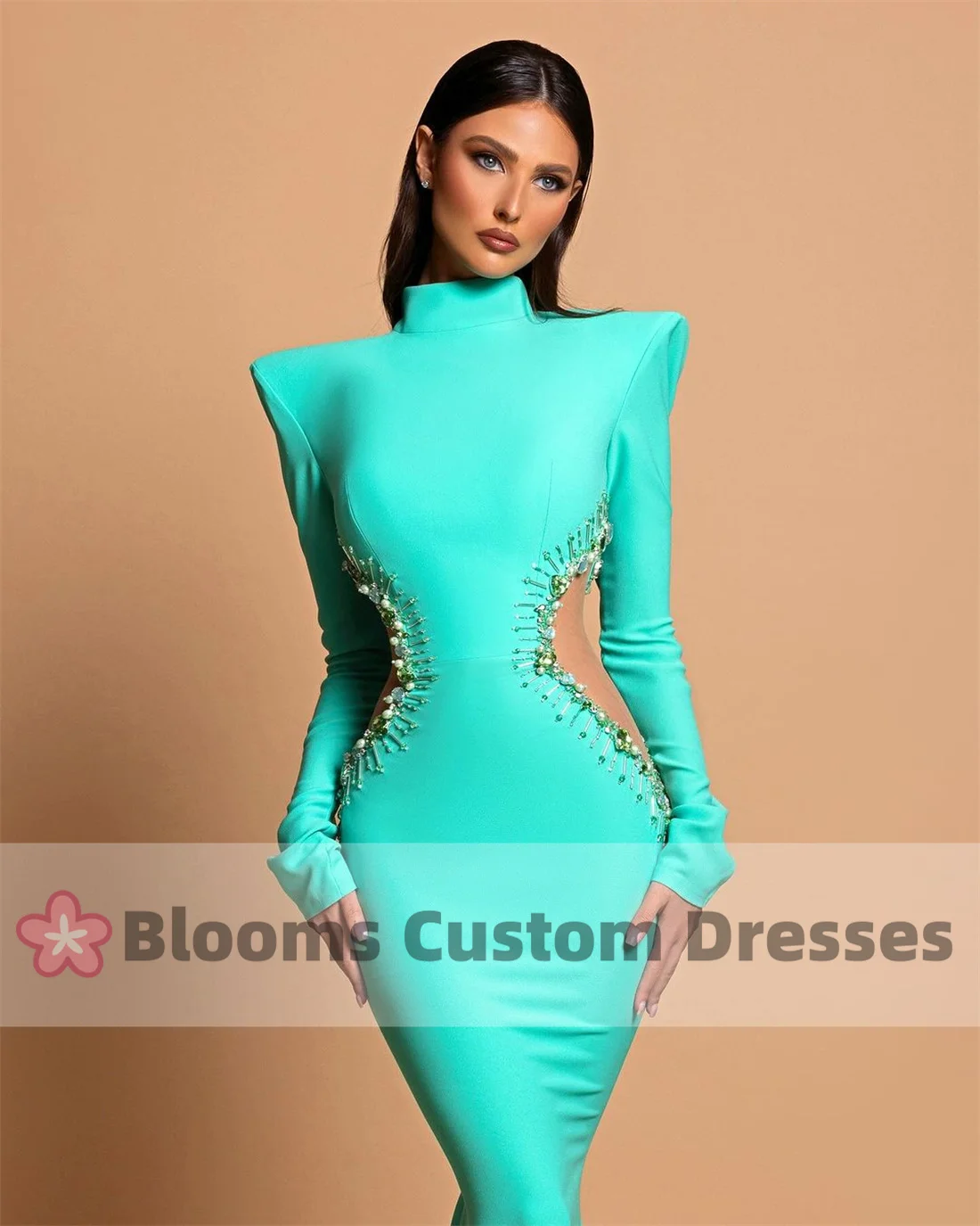 Customized Green Crepe Gorgeous Evening Dresses Beaded Cut-out Full Sleeve Formal Occasion High Neck Mermaid Wedding Guest Gown