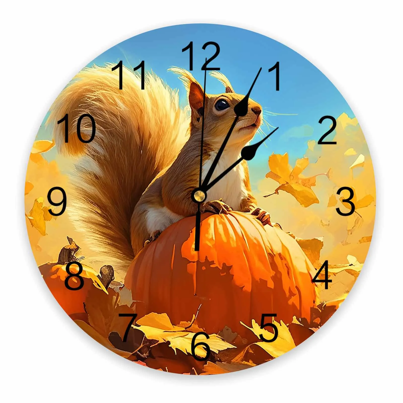 

Autumn Season Squirrel Pumpkin Maple Leaf Printed Wall Clock Modern Silent Clock Living Room Home Decor Wall Hanging Watch