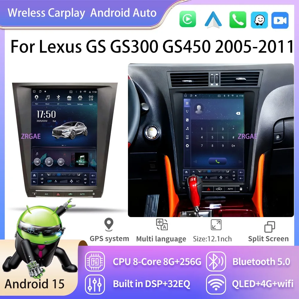 Android 15 Car Radio For Lexus GS GS300 GS450 Tesla Screen Radio Multimedia Video Player Head Unit Carplay GPS Navigation Player