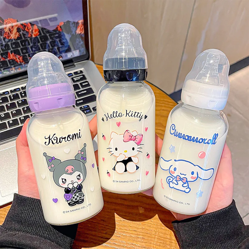 300Ml Kawaii Sanrio Cartoon Kuromi Cinnamoroll Hello Kitty Pacifier Glass Cup Cute Baby Bottle Children Handy Water Cup Kid Toys