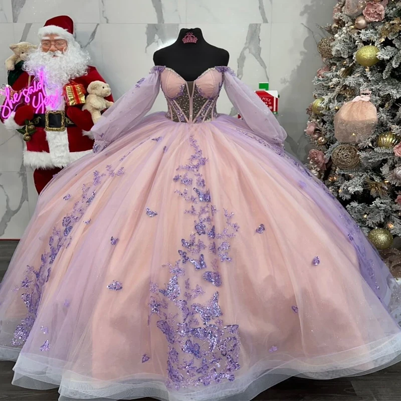 Pink Lavender Princess Puffy Quinceanera Dresses Off Shoulder Applique Bow Lace-up Corset Cathedral Train vestido de 15 anos