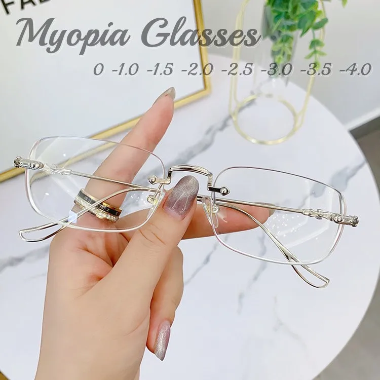 Luxury Rimless Rectangular Women's Myopia Glasses Minus Diopter Eyeglasses Trendy Near-sighted Eyewear Diopters 0 to -4.0