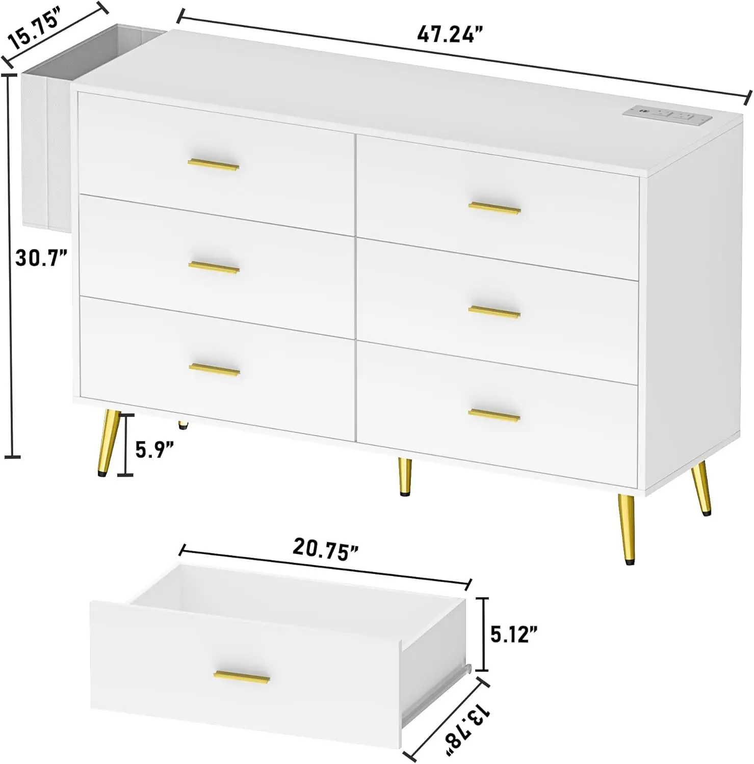 6 Drawer Dresser for Bedroom with Power Outlets, Modern Wood Dresser with Wide Drawers and Gold Metal Handles, White