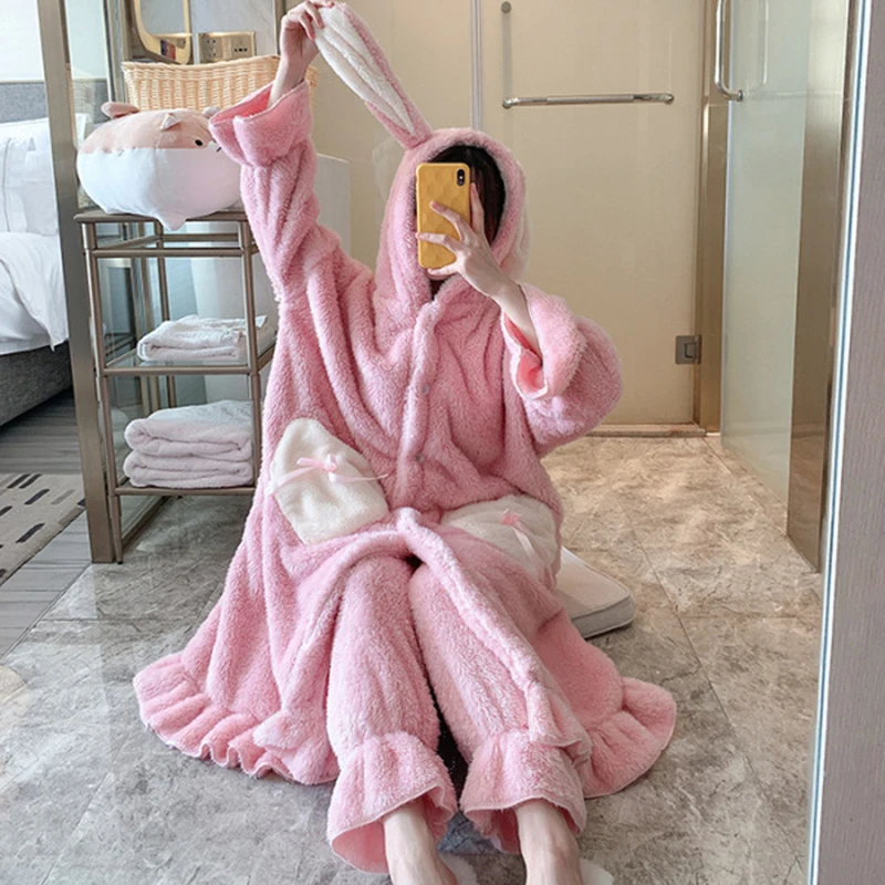 Women Winter Thick Warm Kawaii Cartoon Pajamas Set Flannel Nightgown Suit Coral Fleece Sleepwear Girls Cute Homewear Nightwear