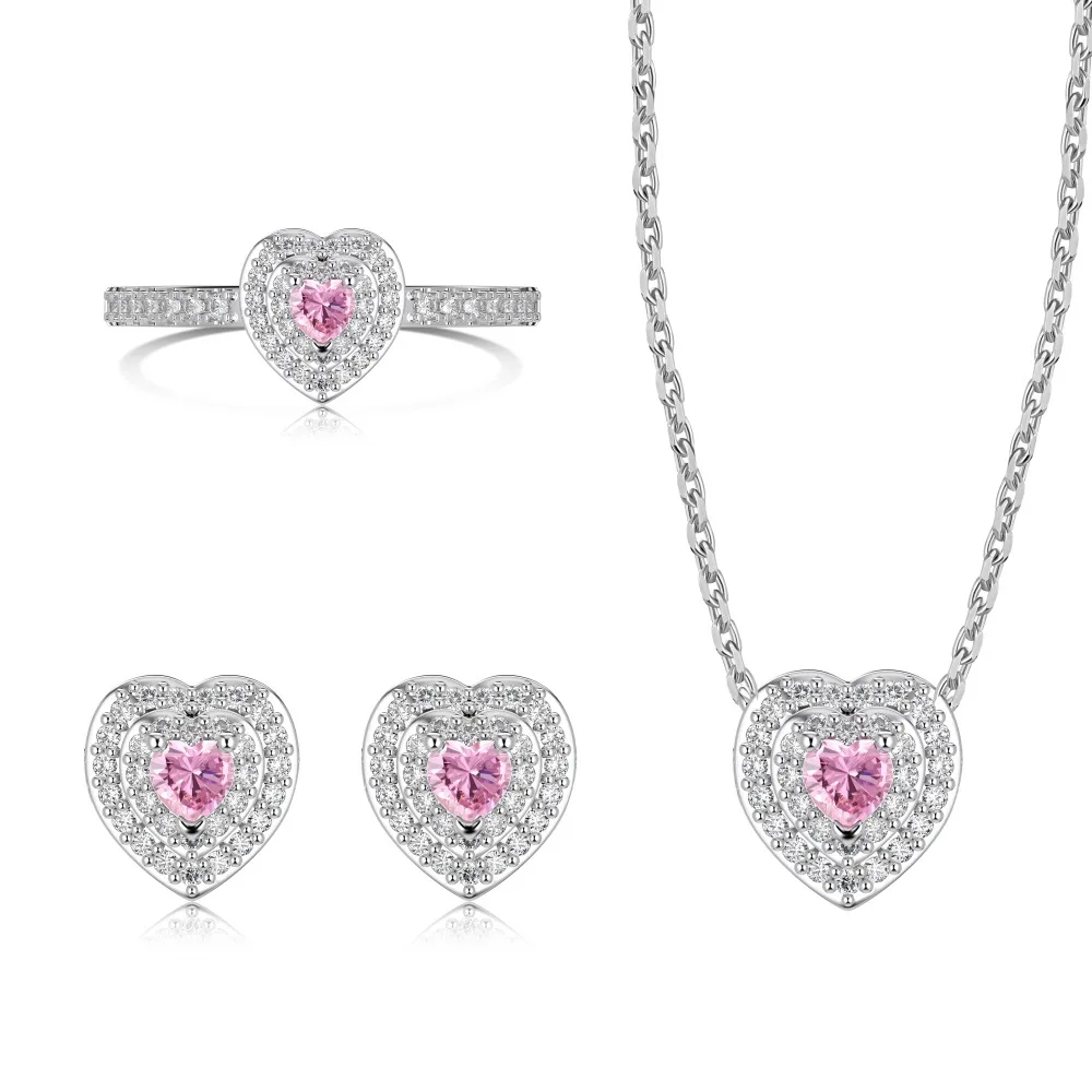 

True S925 Silver Heart Jewelry Set Women Full Diamond Heart Necklace Earrings Rings Female Luxury Jewelry 5A Zircon Girl Gift