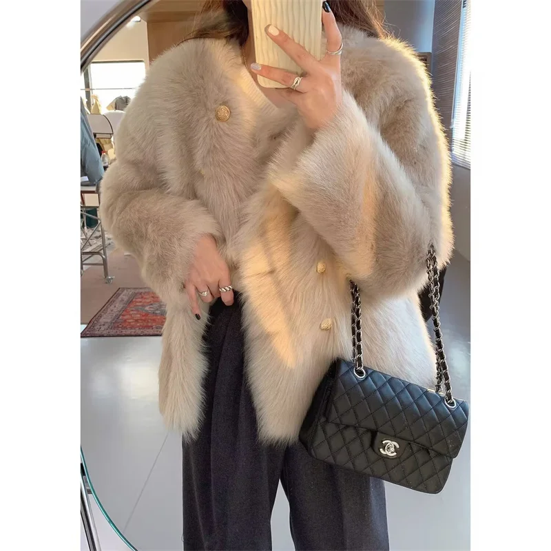 Women's fur Coat New Cardigan Round Neck fur Coat Female Autumn and Winter Loose Padded Plush Short fur one Small Fragrance top