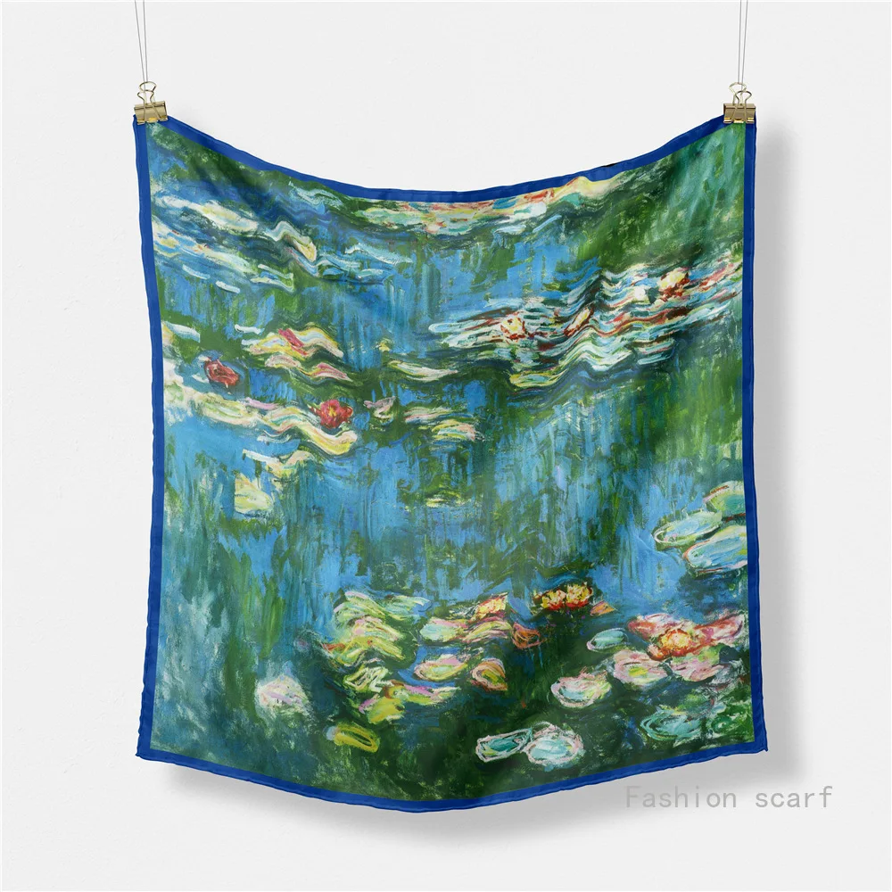 

53Cm Oil Painting Water Lily Lady in The Pond Twill Decoration Versatile Small Scarf Small Square Scarf Silk Scarf Wholesale