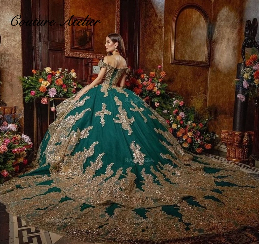 Vestidos de Quinceañera de princesa verde, apliques de lentejuelas doradas, vestido de baile, vestido de cumpleaños sin hombros, con cordones, dulce vestido de 16