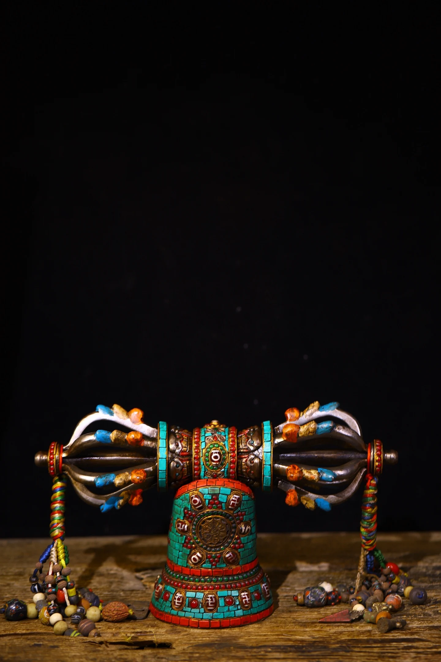 

13"Tibetan Temple Collection Old Tiantie Mosaic Gem gZi Beads Beast Head Nine Shares Cross Vajra Phurpa Bodhi Root Base