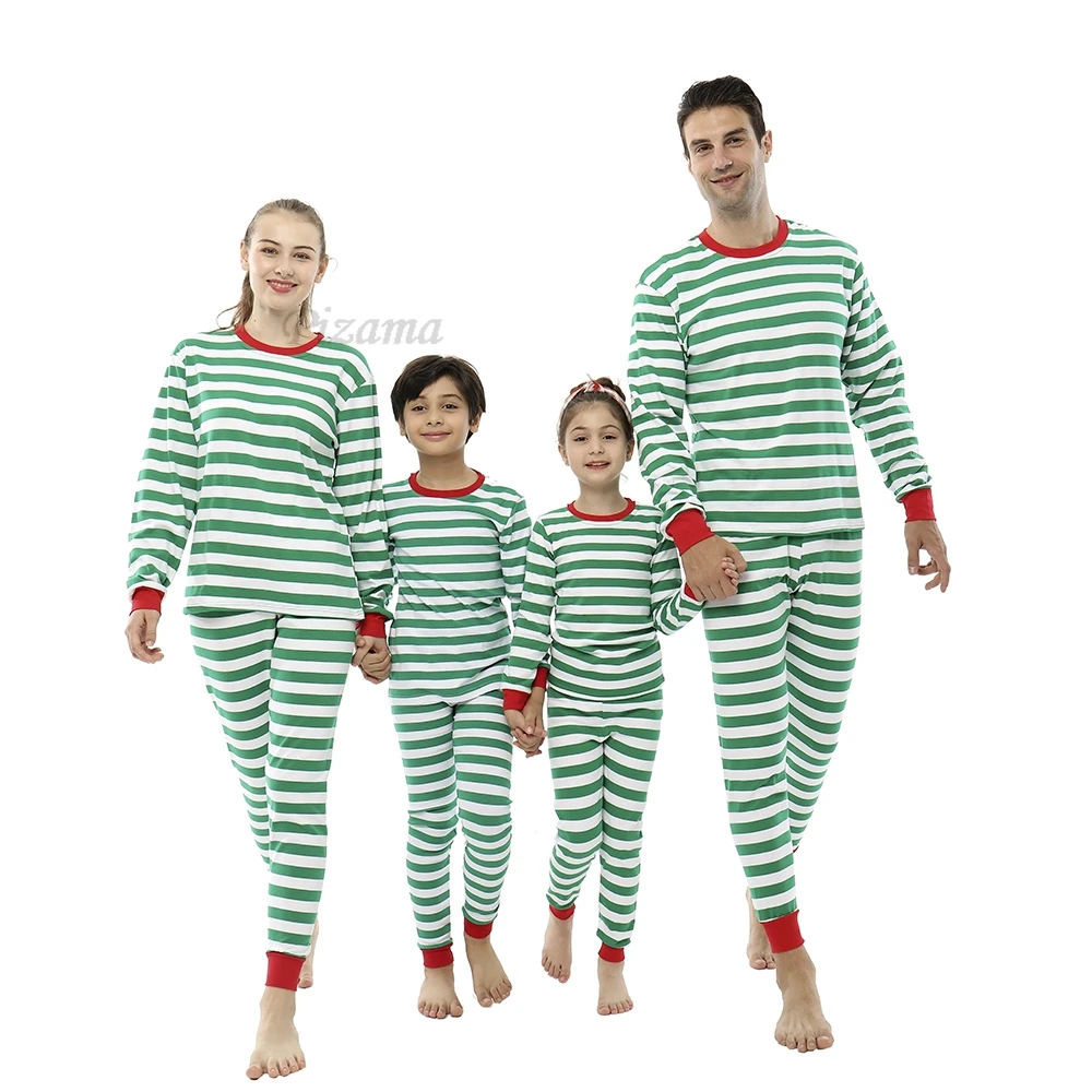 Matching Family Christmas Pajamas Children Green/White Striped Sleepwear Xmas New Year 100 Cotton Nightwear Family Look Outfits