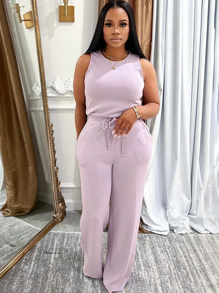 Jumpsuit Kasual Solid untuk Wanita Romper Satu Potong Pinggang Tinggi Tali Serut Tanpa Lengan dan Jumpsuit Kombinasi Pakaian Musim Panas