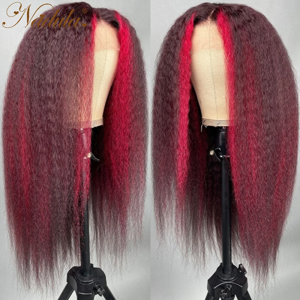 Nadula Hair Dark Burgundy Mixed Red Color Highlights With Crimson Red Stripes Kinky Straight 13x4 Lace Front Wig 150% Density