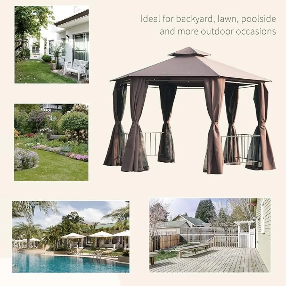 13' x 13' Patio Gazebo, Double Roof Hexagon Outdoor Gazebo Canopy Shelter with Netting & Curtains, Solid Steel Frame for Garden