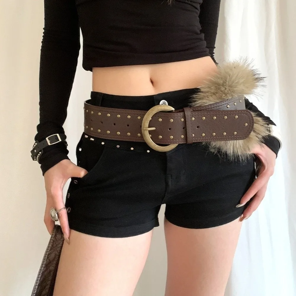 Sabuk Retro Punk Berkualitas Tinggi Warna Cokelat Bulu Imitasi Berpaku Sabuk Lebar Model Rompi Aksesoris Pinggang Wanita