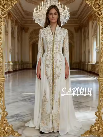 Caftan Dress Long Sleeve Saudi Prom Dress Dubai Moroccan Kaftan Elegant V Neck Evening Dress Arabic Women Customized Plus Size