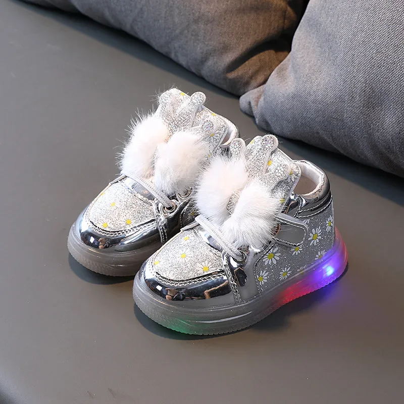 Girls Glowing Sneakers with LED Light Fashion Soft Fluffy Bow-knot with Crown Princess Flowers Children Glitter Luminous Shoes