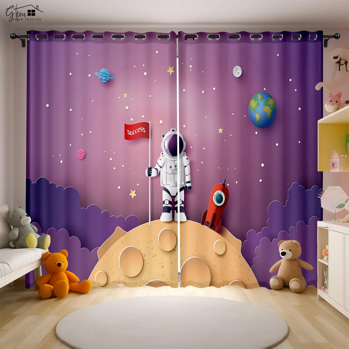 Cartoon Aerospace 3D Printing Curtains Astronaut Spaceman Spaceship Rocket Moon Planet Bedroom Children's Room Curtains 2PCS