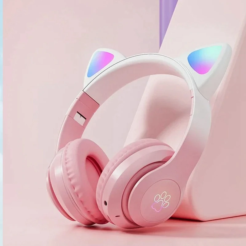 Ensembles de sauna sans fil nickel é de chat mignon, lumière LED, casque Bluetooth avec micro, téléphone stéréo pour enfants, casque de jeu de musique