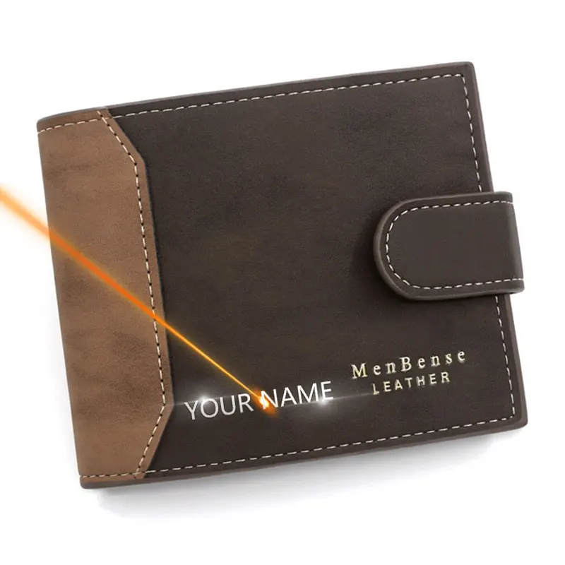 Nowe krótkie portfele męskie Slim Card Holder PU Leather Name Print Męski portfel Mały uchwyt na zdjęcia Torba składana na trzy części Matowe portmonetki męskie