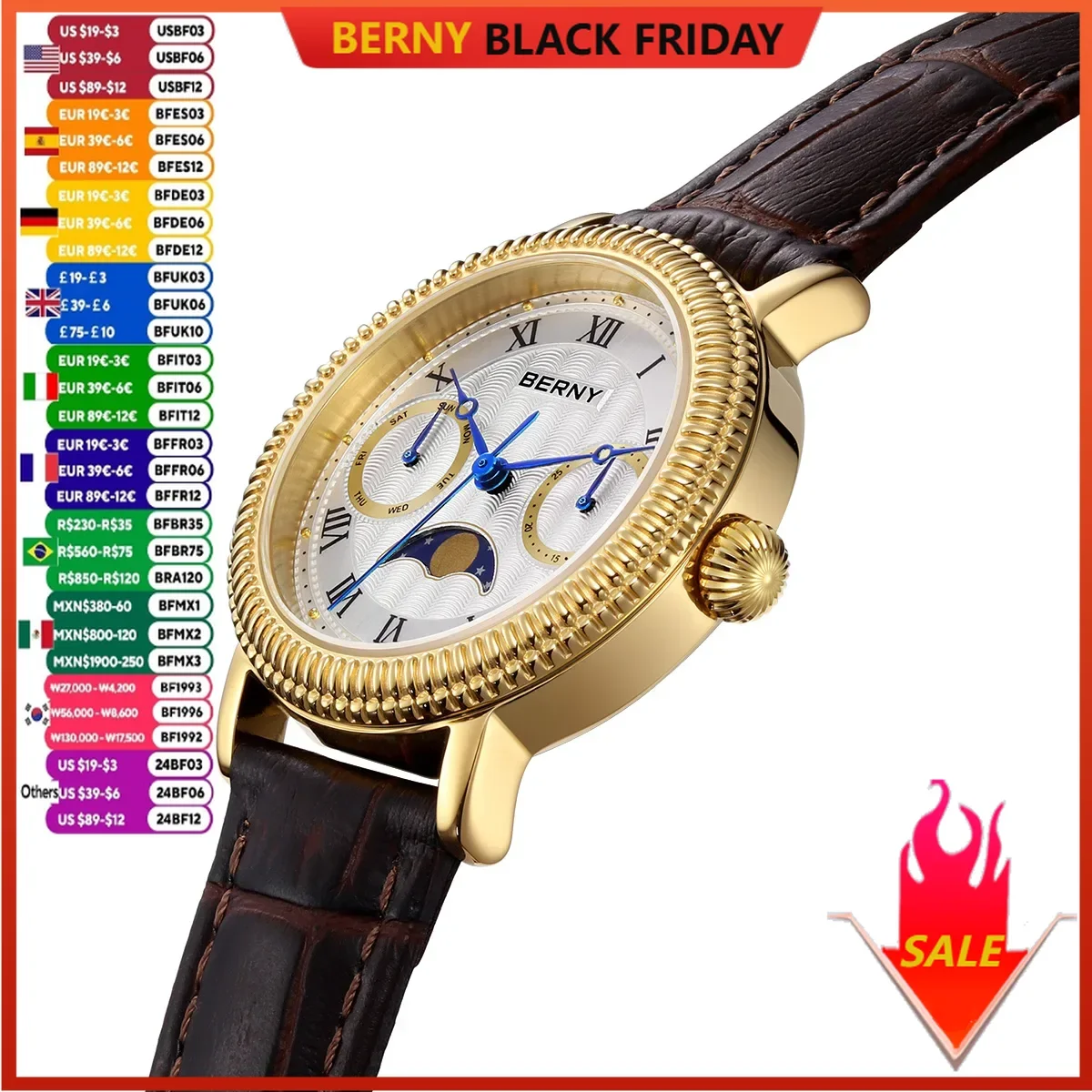 BERNY Watches for Women Week Calendar Sapphire Luxury Dress Ladies Gold Quartz Watch Elegant Vintage Moon Phase Wristwatch Gifts