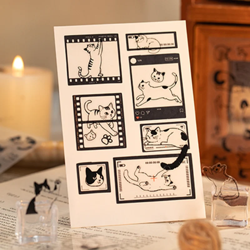 미스터 페이퍼 8피스 와이어 캣 스티커 PET 스티커 저널링 용품 DIY 스크랩북 다이어리 캘린더 사진 액자 앨범 장식