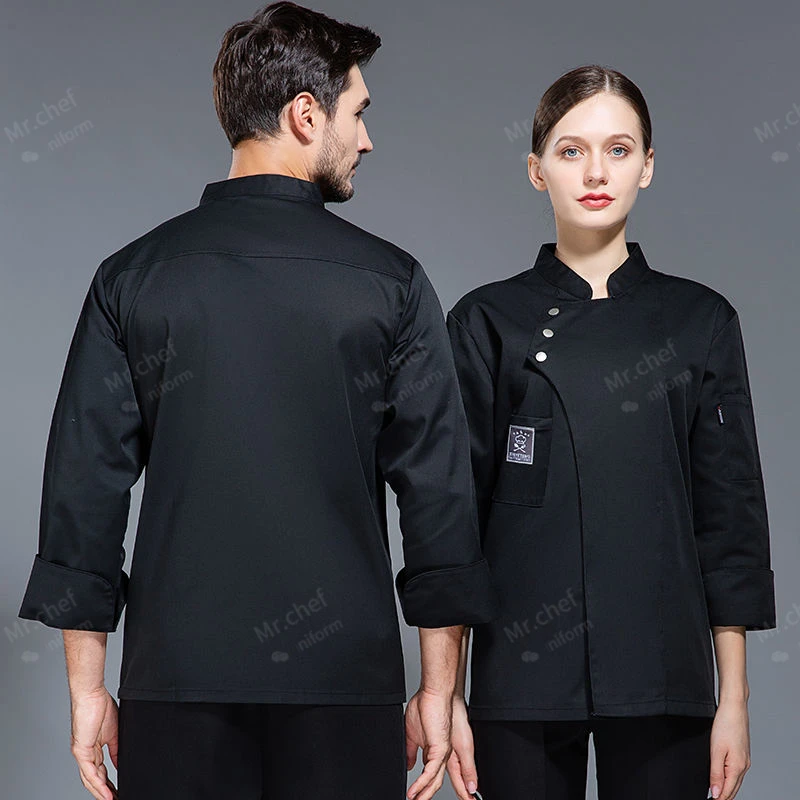 Chaqueta de uniforme de chef negra, camiseta de manga larga para chef, uniforme de restaurante, servicio de comida de panadería, transpirable, nuevo logotipo de ropa de cocina