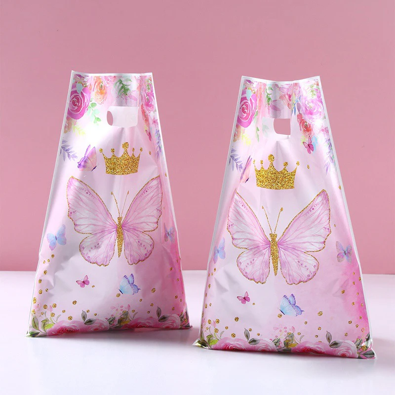 Bolso de mano rosa y púrpura para decoración de fiesta de cumpleaños, bolsa de regalo de mariposa para niños y niñas, suministros para fiesta de Baby Shower, 10 piezas