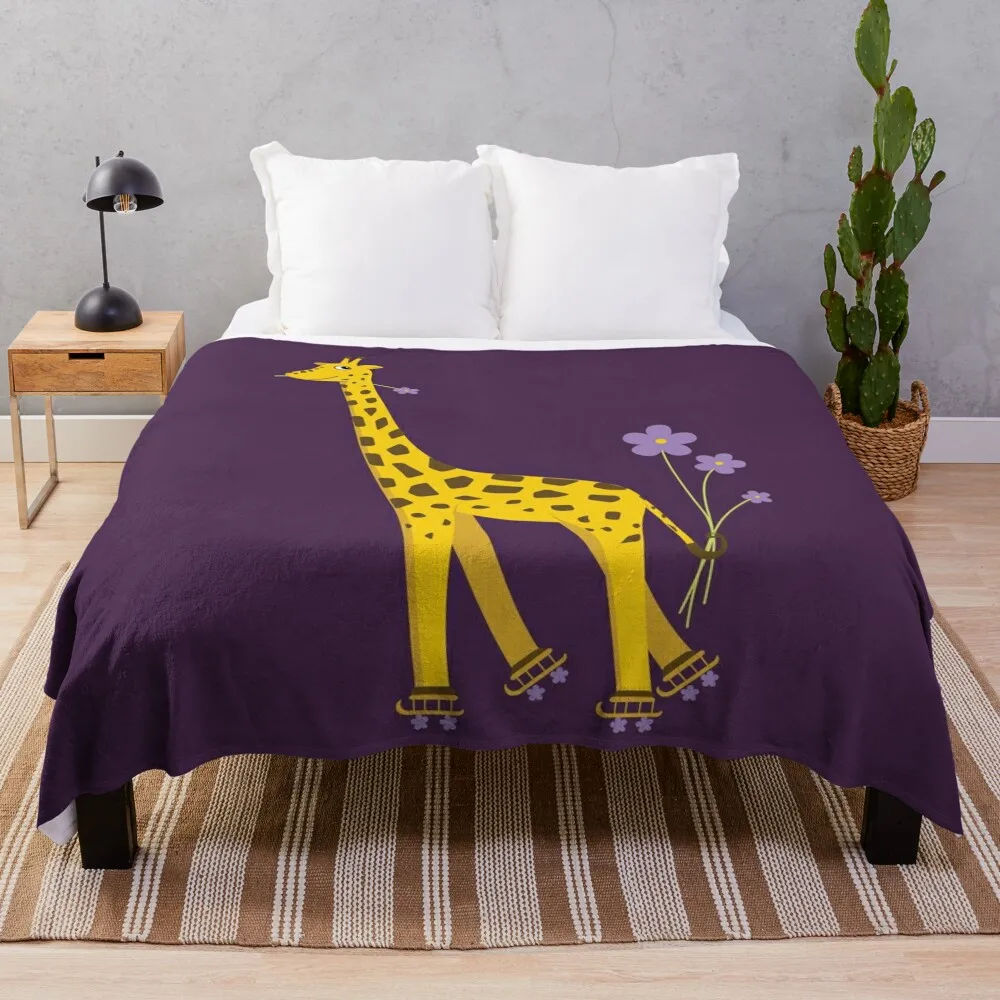 

Purple Cartoon Funny Giraffe Roller Skating Throw Blanket Bed covers Luxury Camping for winter Blankets