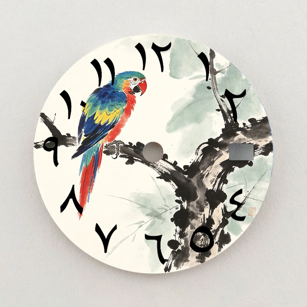 28.5mm NH35 Dial Oriental Ink Colorful Parrot On Branch Dial Arabic Numeral NH36 Dial Watch Accessories Fits NH35/NH36 Movement