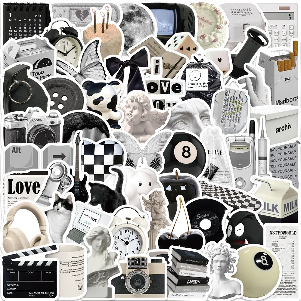 

61Pcs Black White Minimalist Doodle Stickers - Decor for Luggage/Guitar/Notebook - Waterproof Golden Memory Stickers Store