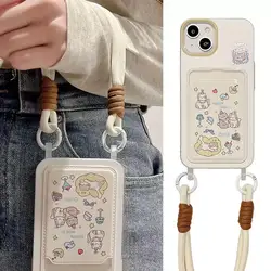 Card bag, transparent painted hat, kitten daily phone case with hanging rope For iPhone 11 12 13 14 15 16 pro max