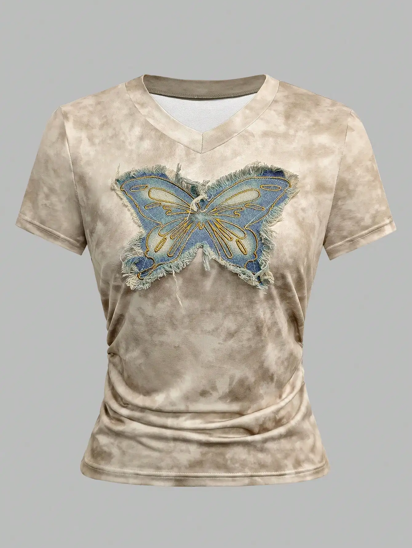 

Retro Butterfly Embroidery V-Neck Ruched Tie Dye Crop Tee for Women