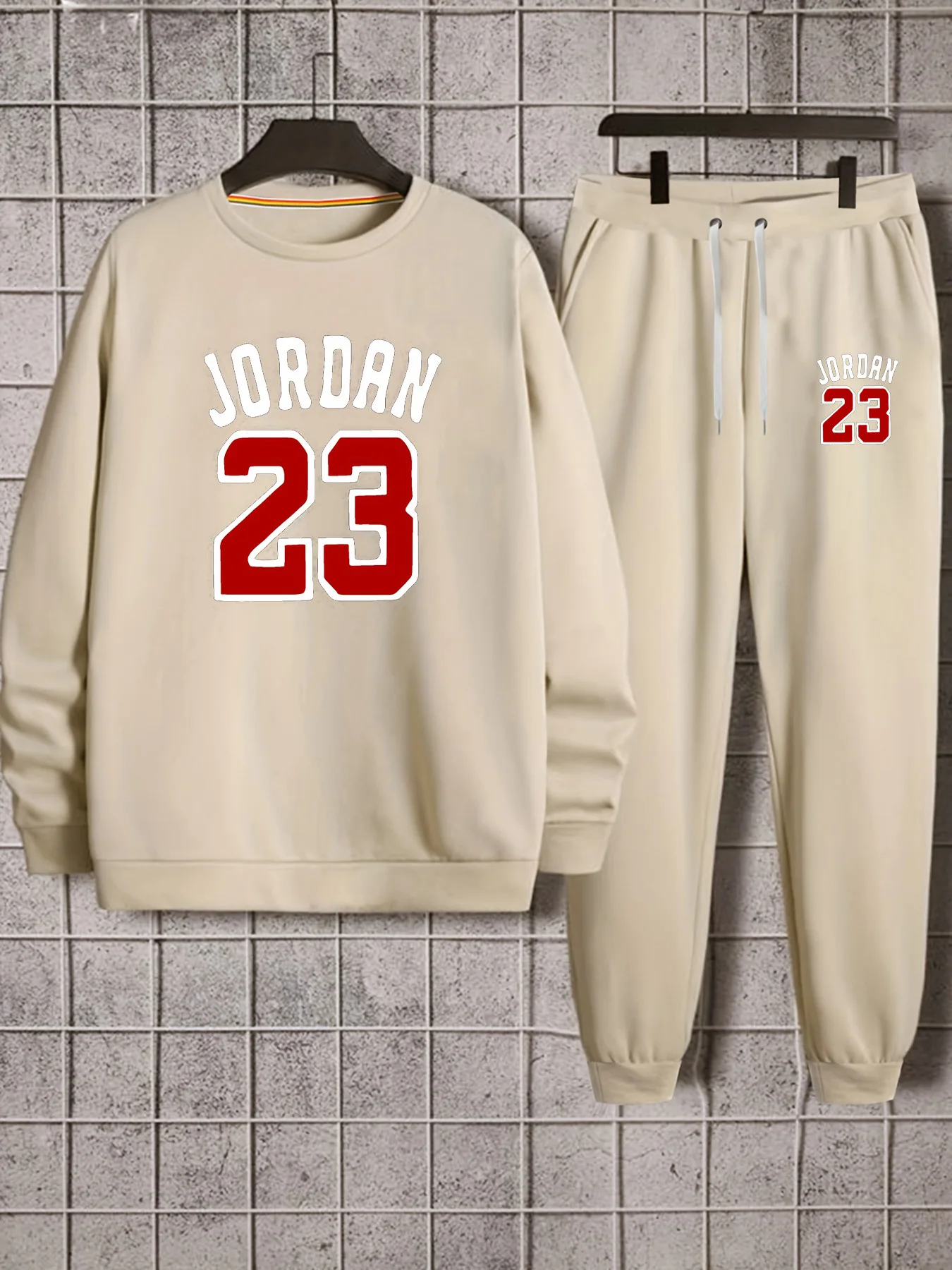ชุดเสื้อสเวตเชิ้ตคอกลมผ้ากำมะหยี่หนาพิมพ์ลาย JORDAN 23 สำหรับฤดูใบไม้ร่วงและฤดูหนาวของผู้ชาย + ชุดกางเกงกีฬา