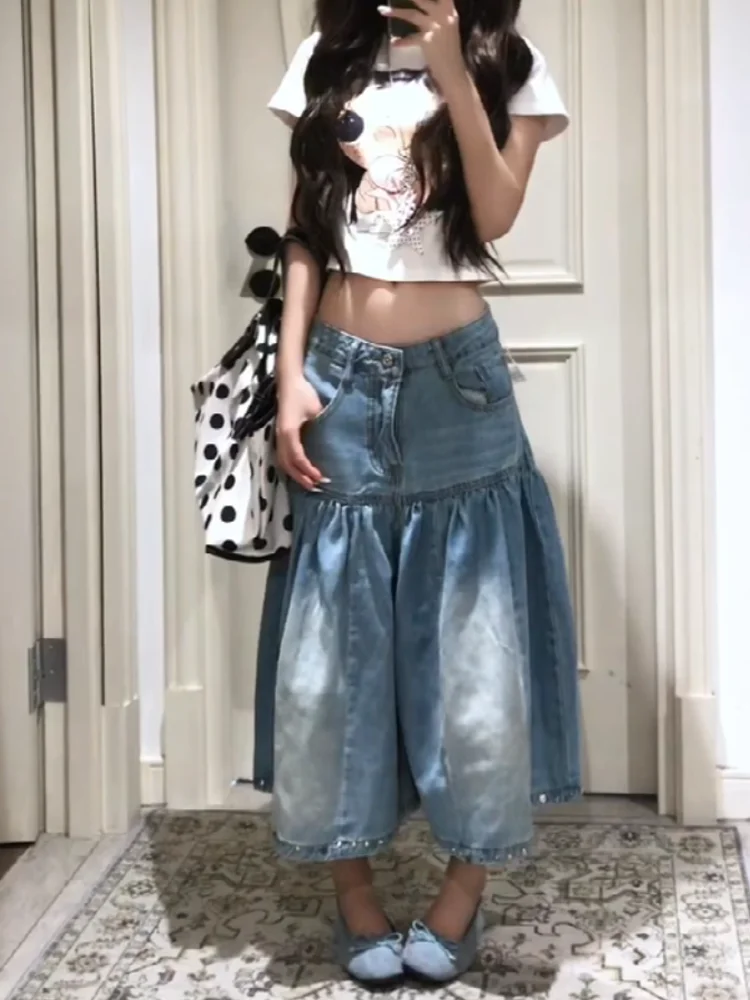 American Style Vintage Washed Beaded Seven-Foot Denim Skirt Women Summer Design Sense Pleated Loose Wide Leg Mid-Pants Hot Pants