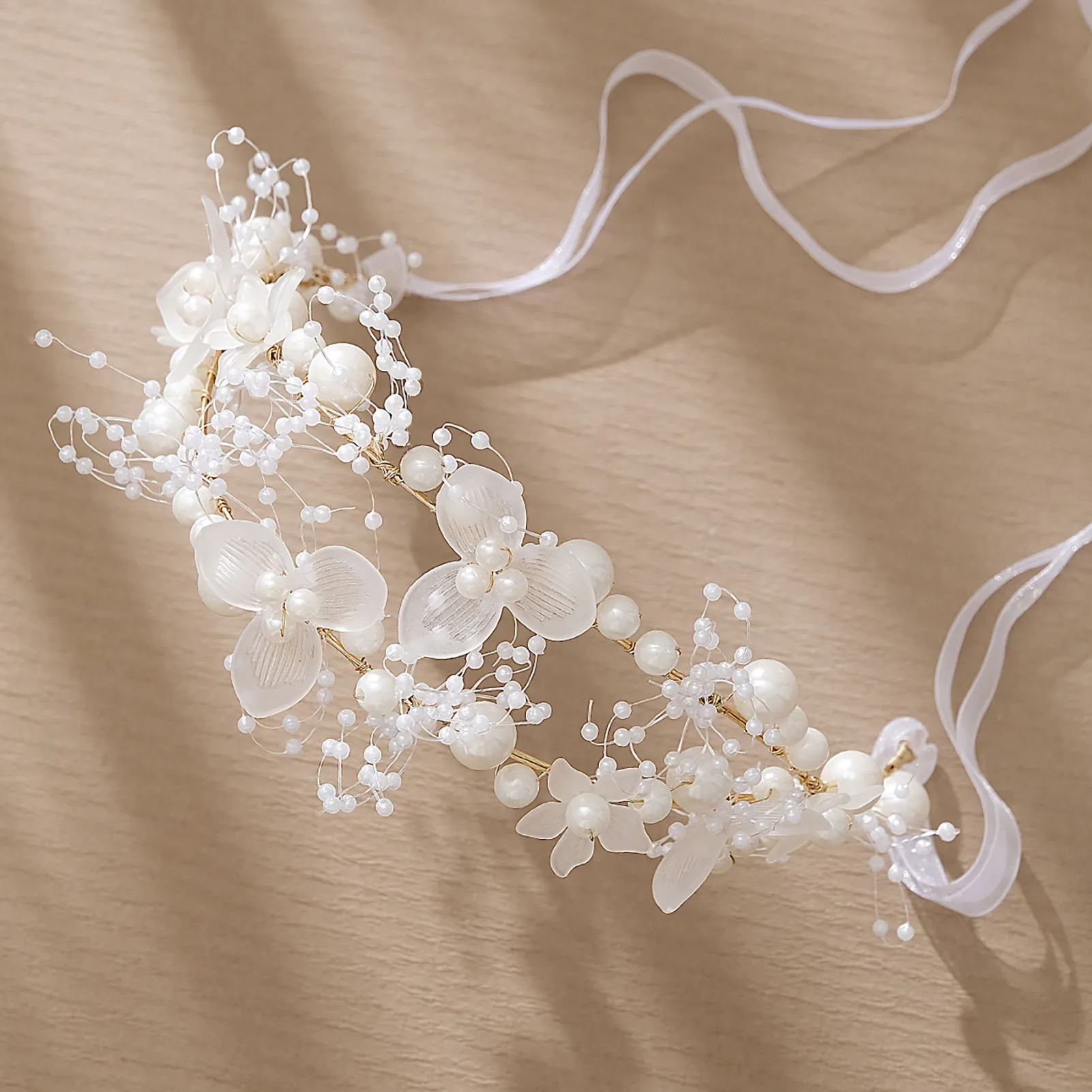 Wedding Hairband Bridal Hair Jewelry Gentle Flower Pearl Headdress With Ribbon Fashion Beads Marriage Headbands Lady Tiaras Gift