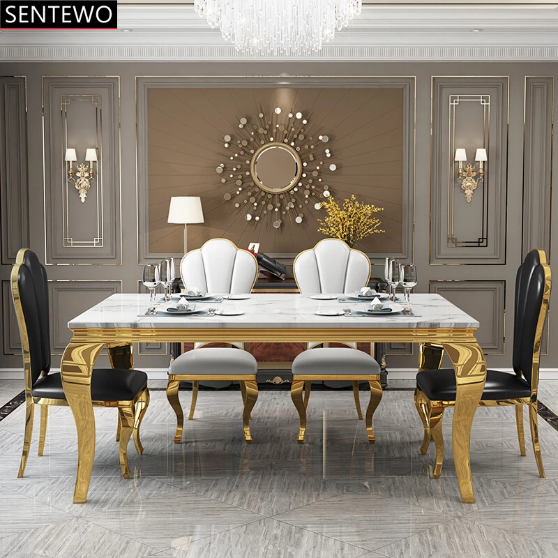 Popular Luxury Marble kitchen dining table 8 dinner chairs set Stainless steel gold frame dinner tables chair stolik esstische