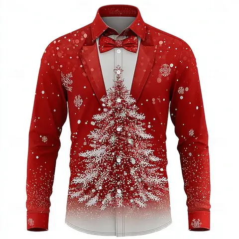 2026 New Christmas Men's Snowflake Tie Print Shirt Button Long Sleeve Festival Autumn and Winter Lapel Shirt Fast Shipping
