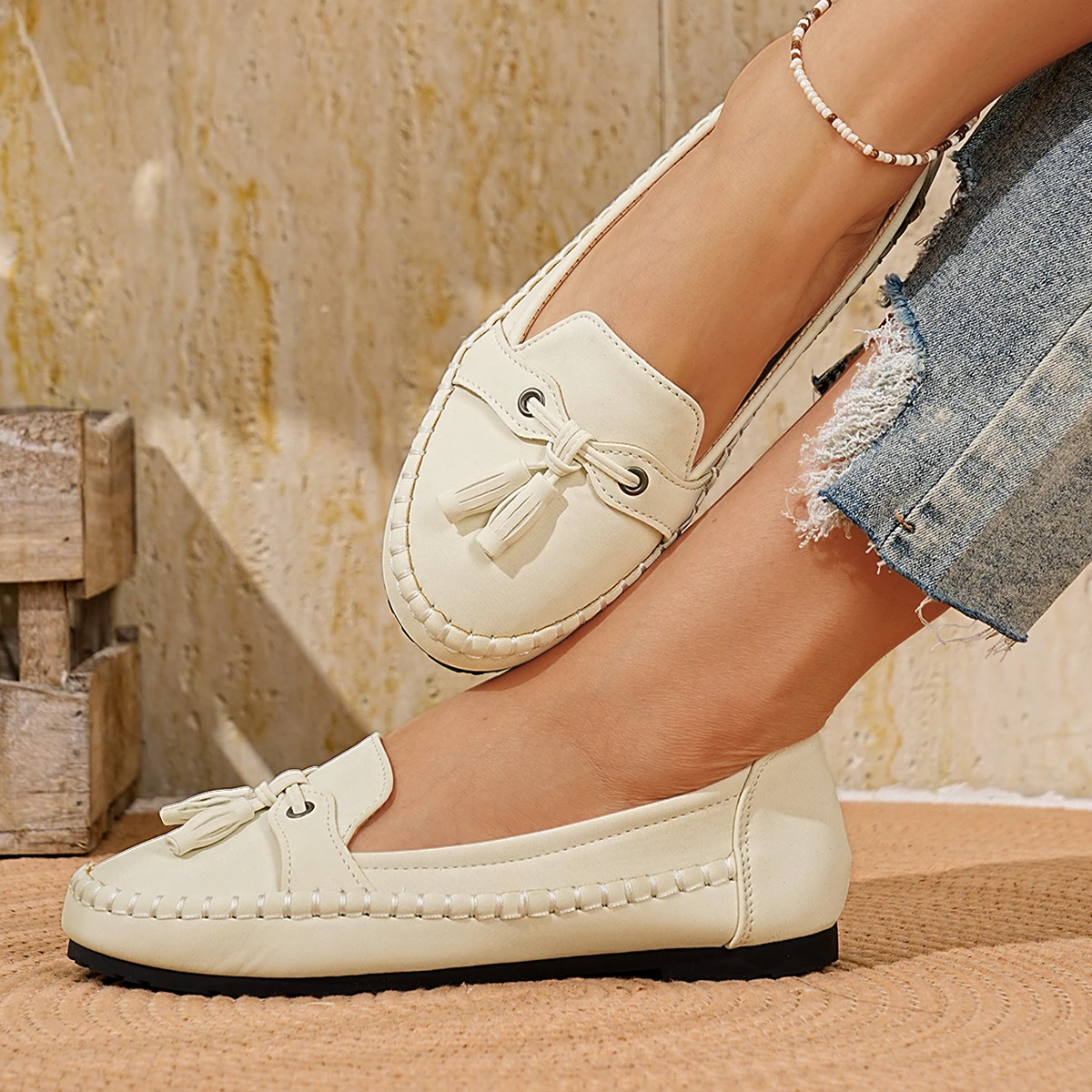Damen-Loafer mit Quasten, runde Zehenpartie, Slip-On, flache Schuhe, Wildleder-Optik, weiche Sohle, lässige Damen-Mokassins für den Alltag. – Detail 5