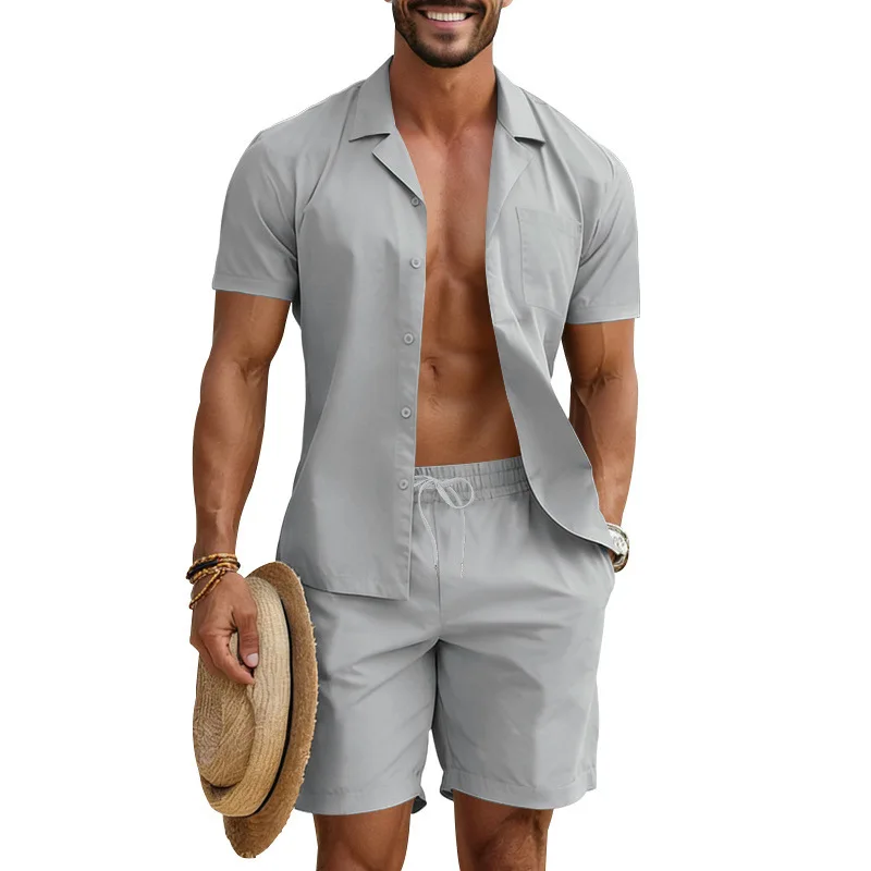 

Men American Notched Collar Two Piece Set Elastic Fabric Loose Short Sleeve Shirt Drawstring Shorts Summer Casual Outfit